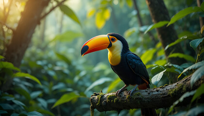A colorful toucan perched on a branch in the lush green rainforest