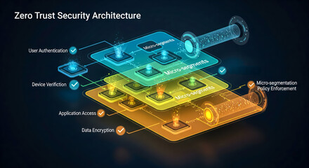 Zero Trust Security Architecture model for cybersecurity and data protection concept. Modern network technology diagram with user authentication, device verification