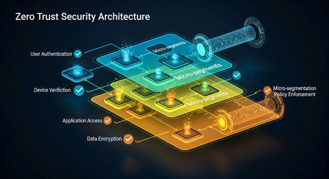 Zero Trust Security Architecture model for cybersecurity and data protection concept. Modern network technology diagram with user authentication, device verification
