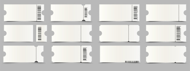Realistic blank mockup for ticket with barcode. Ticket Empty template for cinema, Concert, theater, events, transport or boarding pass, vouchers and lottery coupons. Vector design elements
