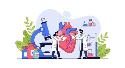 Flat style illustration of doctors analyzing human heart with microscope and lab equipment, representing cardiology, heart health research, medical science, and disease prevention