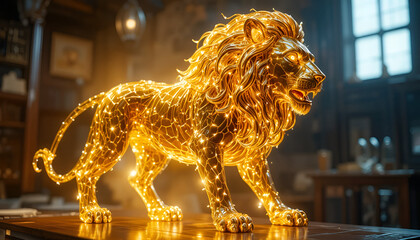 A golden lion statue standing on a table in a dimly lit room
