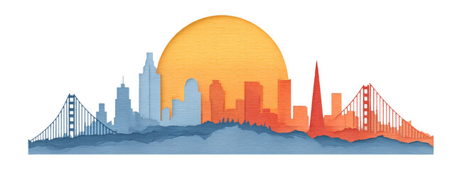 Obraz premium Vibrant City Skyline with Radiant Sun in Bold Colors and Artistic Design