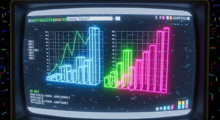 Retro computer screen with glowing neon financial charts and graphs. Business data analysis concept with vintage monitor showing stock market statistics and growth report