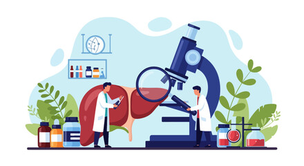Flat style illustration of doctors analyzing human liver with magnifying glass and microscope, symbolizing hepatology, liver health research, medical science, and disease prevention