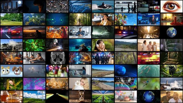 Video wall seamless loop. Mosaic grid of TV or streaming content. Abundance of choice of channels. Videos are a mix of AI and non-AI content. - Powered by Adobe