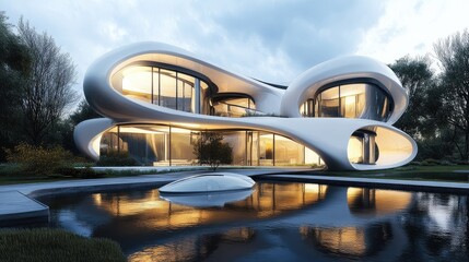 Obraz premium Futuristic Architectural Masterpiece: Fluid Design Home by the Water