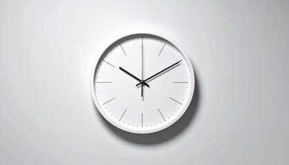 Minimalist white analog wall clock with black hands and tick marks, showing time 4:08:00, mounted on light gray wall with subtle shadow.