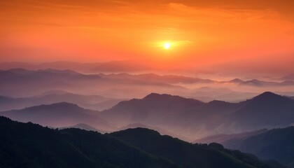 Obraz premium A Stylized Sunset Over Layered Hills Featuring Warm Colors And A Serene Atmosphere