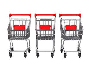 Three metallic grocery carts with red handles and advertising inserts, isolated