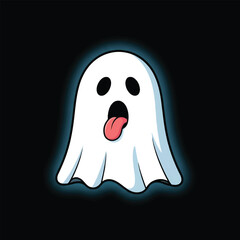 A cartoon ghost with a surprised expression and its tongue sticking out against a dark background.