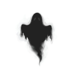 A shadowy, ethereal ghost figure floats against a stark white background, creating a spooky effect.