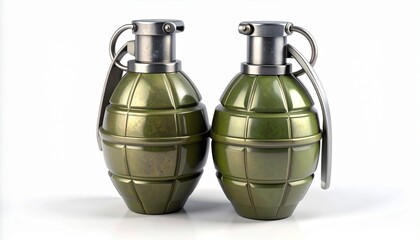 Silver and gold metallic pineapple-style hand grenades with safety levers and pins, placed side by side on plain white background.