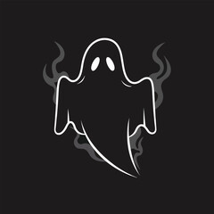 A stylized white ghost illustration against a black background, with wisps of smoke.