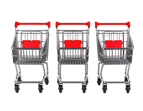 Three metallic grocery carts with red handles and advertising inserts, isolated
