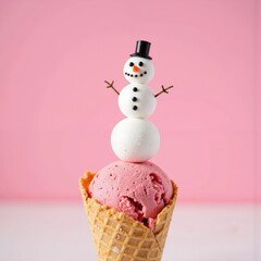 a pink ice cream cone with a snowman on top