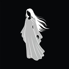 Silhouette of a woman with long flowing hair, wearing a long dress, against a black background.