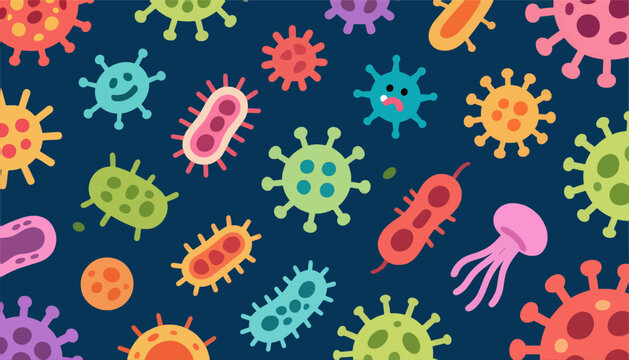 Colorful cartoon bacteria on a dark blue background