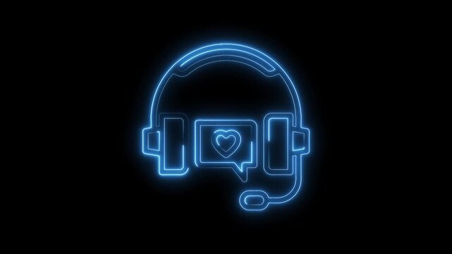 Glowing customer support headphones icon with heart in speech bubble on black background