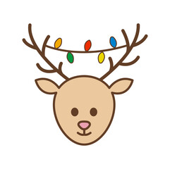 Cute cartoon reindeer head with colorful Christmas lights on antlers, isolated on white background