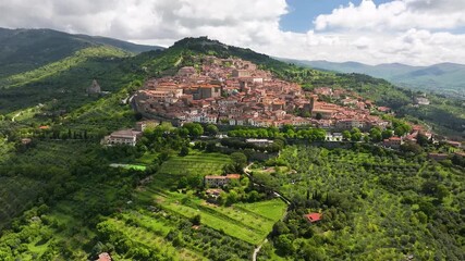 Aerial view of the old city of Cortona, with its terracotta rooftops nestled on a lush green hillside, creating a picturesque scene, Cortona, Tuscany, Italy.
