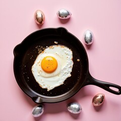 an egg is in a frying pan with some eggs on a pink background