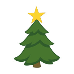 Cute cartoon Christmas tree with yellow star on top, isolated on white background