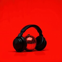 a pair of headphones and a christmas ornament on a red background