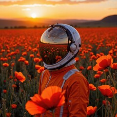 a man in an orange space suit stands in a field of poppies