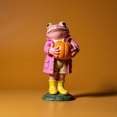 a toy frog in a pink coat holding a pumpkin
