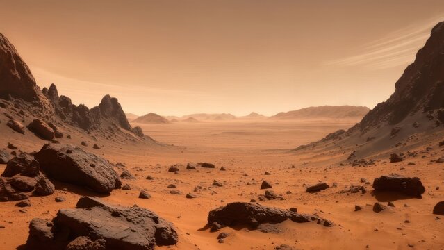 Martian landscape with rocky terrain and distant hills