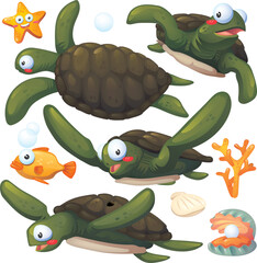 Isolated Cute Turtle Cartoon Collection