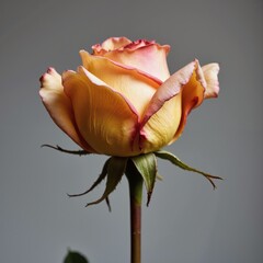 a single rose is shown in front of a gray background