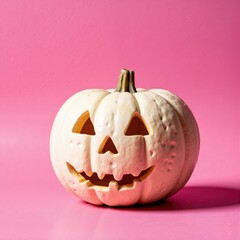 a pumpkin with a face carved into it on a pink background