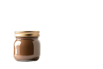 Glass jar filled with chocolate spread isolated on transparent background. Glass jar of chocolate spread isolated on white background.