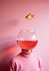 a person wearing a pink sweater and a fish bowl