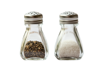 Glass salt and pepper shakers isolated on transparent background. Glass salt and pepper shaker isolated on white background.