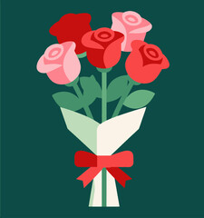 Elegant bouquet of roses with red ribbon on dark green background