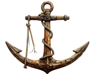 A detailed nautical anchor in dark wood with rope, on a transparent background