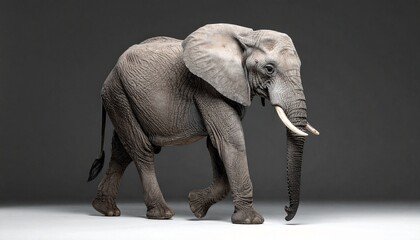 Fototapeta premium Realistic African elephant in profile view with curled trunk and visible tusks, detailed wrinkled skin, walking against light gray to white gradient background.