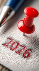 New year 2026 planning concept. Close-up macro image of red push pin marking the year 2026 on textured white paper planning and reminder concept for new year calendar goals future tasks or scheduling.