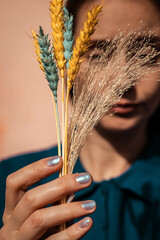A minimalist close-up of hands holding dried grasses and colored blue yellow wheat, soft natural textures and warm tones Perfect for editorial, lifestyle, sustainability nature-oriented visual content