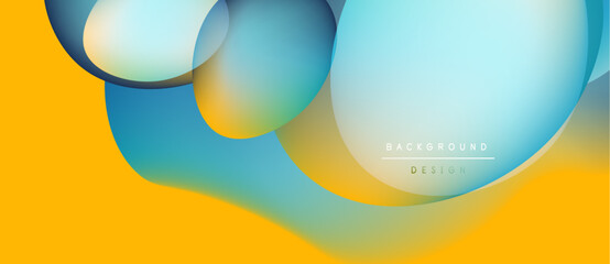 Abstract fluid shapes overlap, creating dynamic composition. Yellow background contrasts cool blue tones. Modern design element.