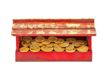 Ancient chinese treasure chest filled with gold coins isolated on transparent background. Gold coins under red house roof isolated on white background.