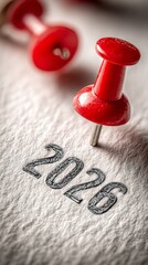 New year 2026 planning concept. Close-up macro image of red push pin marking the year 2026 on textured white paper planning and reminder concept for new year calendar goals future tasks or scheduling.