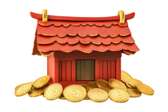 Small red wooden house with gold coin isolated on transparent background. Gold coins under red house roof isolated on white background. - Powered by Adobe