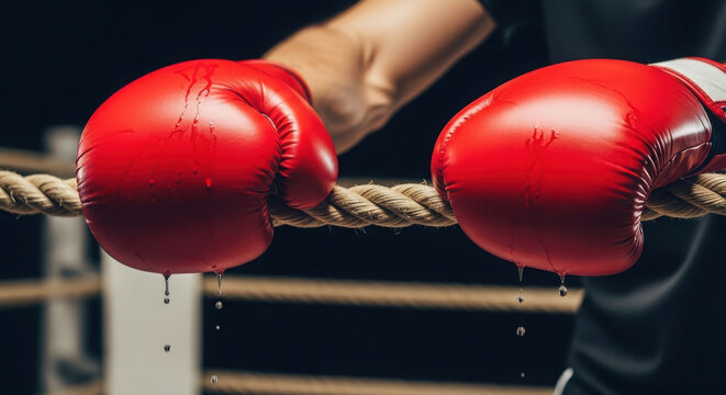 Boxer's gloved hands gripping the ropes in a boxing ring.
