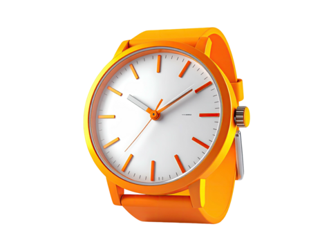 Rendered orange timepiece with white face, isolated against black background - Powered by Adobe