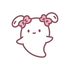 Cute girl ghost icon. Funny little ghost with two ponytails tied with pink bows, cheerful halloween mood. Doodle illustration isolated on white background. Kawaii sticker. Vector 10 EPS.