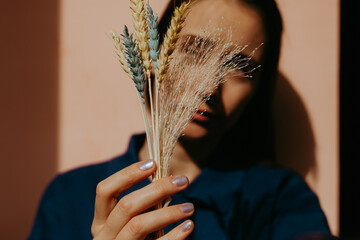 A minimalist close-up of hands holding dried grasses and colored blue yellow wheat, soft natural textures and warm tones Perfect for editorial, lifestyle, sustainability nature-oriented visual content